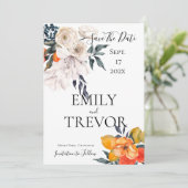 フローラオレンジと白結婚式招待状 セーブザデート (スタンド正面)