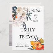 フローラオレンジと白結婚式招待状 セーブザデート (正面/裏面)