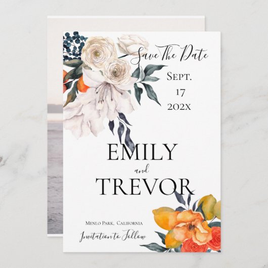 フローラオレンジと白結婚式招待状 セーブザデート (正面/裏面)