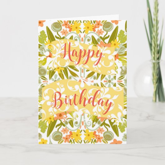 フローラオレンジイエローオリジナルアートハッピーバースデー カード (正面)