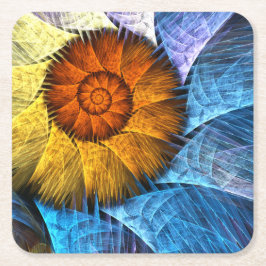 フローラオレンジイエローブルー抽象芸術アート スクエアペーパーコースター