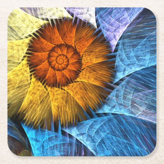 フローラオレンジイエローブルー抽象芸術アート スクエアペーパーコースター (正面)