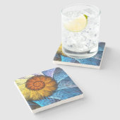 フローラオレンジイエローブルー抽象芸術アート ストーンコースター (横)