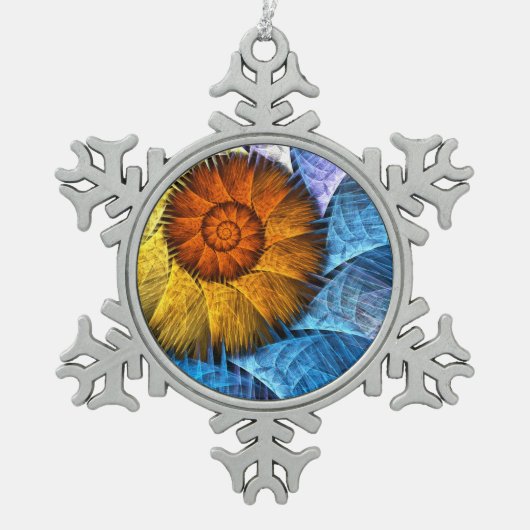 フローラオレンジイエローブルー抽象芸術アート スノーフレークピューターオーナメント (正面)