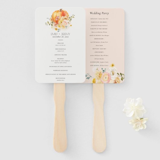 フローラオレンジオータムカボチャ結婚式 プログラム ハンドファン (正面&裏面)