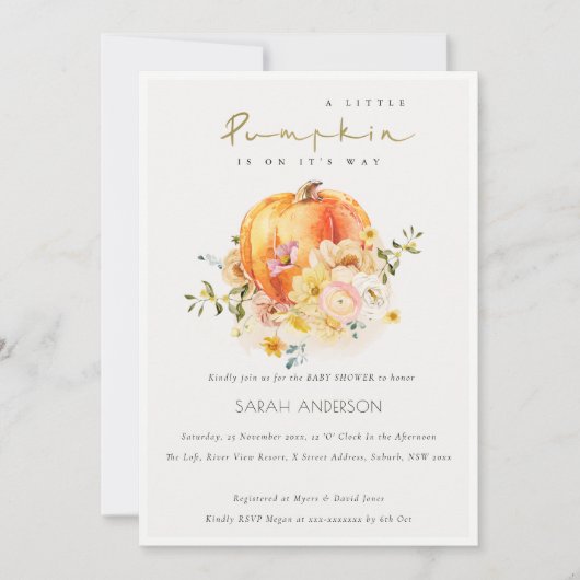 フローラオレンジオータムカボチャ赤ちゃんシャワー招待状 サンキューカード (正面)