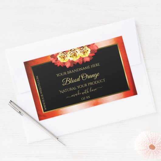 フローラオレンジレッド大理石ブラック製品ラベルバラ 長方形シール (封筒)