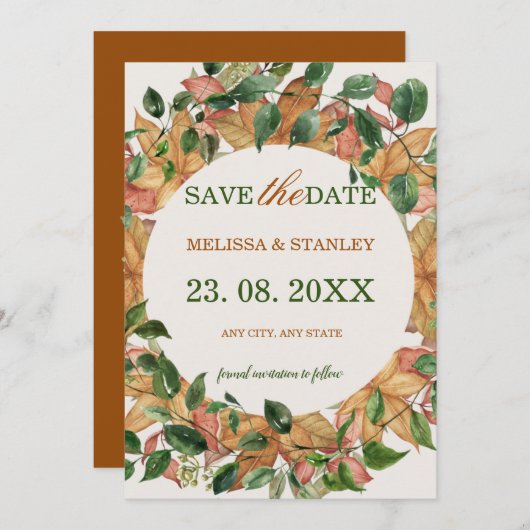 フローラオレンジ色の緑の水色素朴 セーブザデート (正面/裏面)