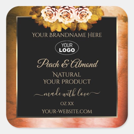 フローラオレンジ赤大理石ブラック製品ラベルロゴ スクエアシール (正面)