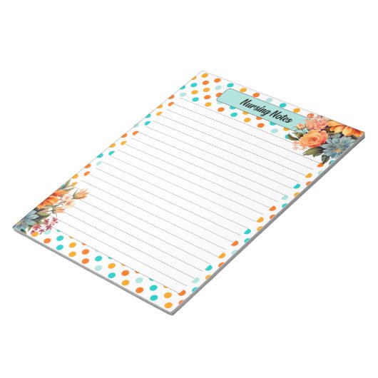 フローラオレンジnブルー水玉模様_看護注意事項 ノートパッド (アングル)