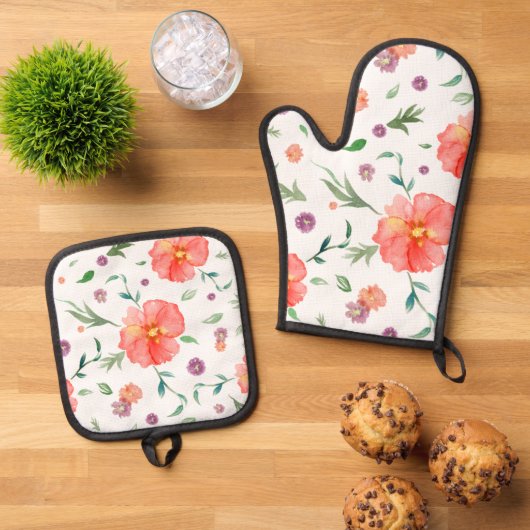 フローラオーブンミット&ポットホルダーセット – 完璧な贈り物 鍋つかみ&鍋敷きセット (トップダウン)