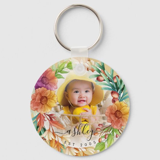 フローラカスタマイズフォト名カラフル水色 キーホルダー (正面)