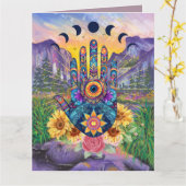 フローラカスタムパープルHamsaハンドオブファティマ挨拶 カード (黄色い花)