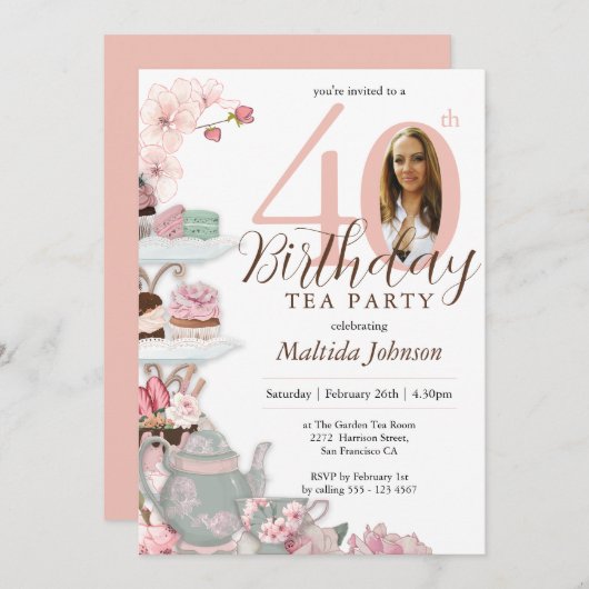 フローラカスタムピンクパーティーフォトティー40歳 招待状 (正面/裏面)