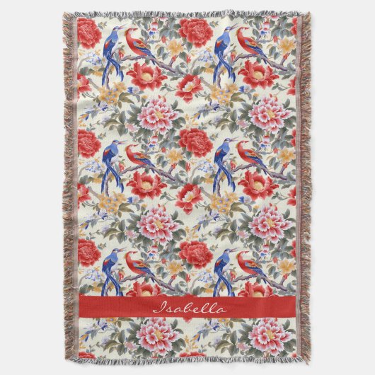 フローラカスタムピンクブルーレッドバード スローブランケット (正面縦)