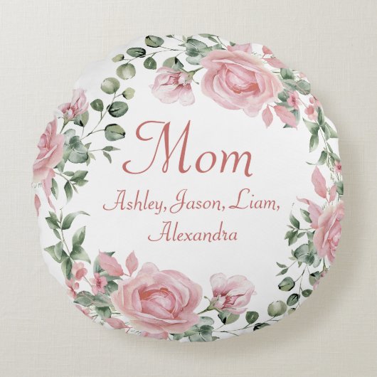 フローラカスタムマピンクローズ4から8の子供の名前 ラウンドクッション (正面)