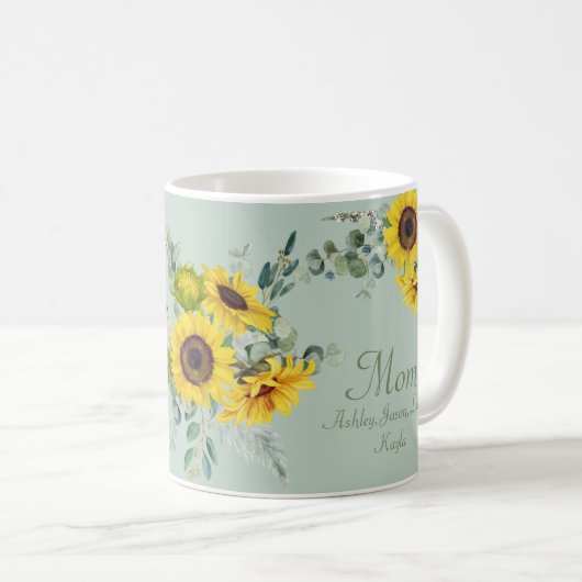 フローラカスタム母ひまわり花4～8子供の名前 コーヒーマグカップ (正面右)