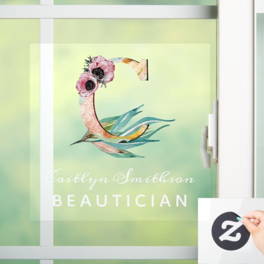 フローラカスタムC文字の水の色の葉モノグラム ウィンドウサイン (ホーム)