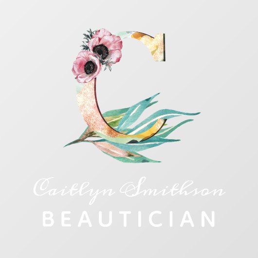 フローラカスタムC文字の水の色の葉モノグラム ウィンドウサイン (シート)