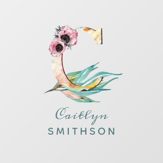 フローラカスタムC文字の水の色の葉モノグラム ウィンドウサイン (シート)