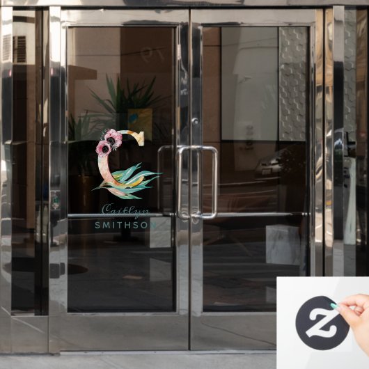 フローラカスタムC文字の水の色の葉モノグラム ウィンドウサイン (オフィスドア)