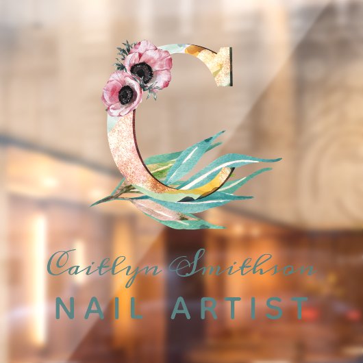 フローラカスタムC文字の水の色の葉モノグラム ウィンドウサイン (シート2)