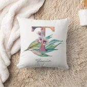 フローラカスタムT文字の水色の葉モノグラム クッション (ブランケット)