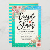 フローラカップルのシャワー/ブライダルシャワーティール(緑がかった色)金ゴールドドット 招待状 (正面/裏面)