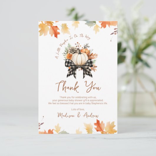 フローラカボチャの赤ちゃんシャワーと格子付きリボン サンキューカード (スタンド正面)