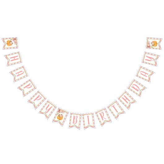 フローラカボチャハッピーバースデーバナー – ピンクストライプ色 バンティングフラッグ (全)