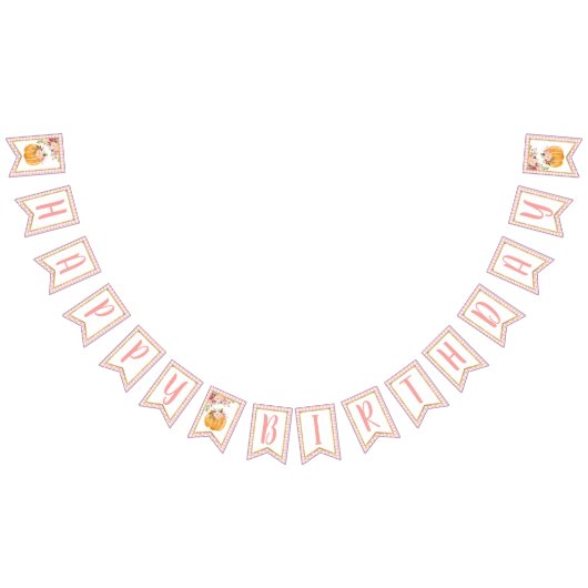 フローラカボチャハッピーバースデーバナー – ピンクプレイド バンティングフラッグ (全)