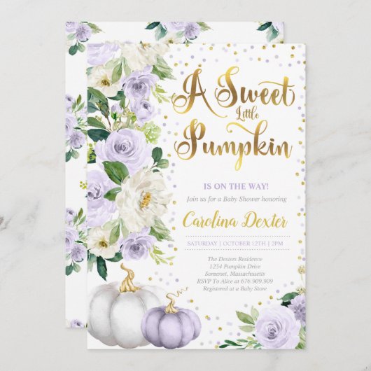 フローラカボチャ秋ベビーシャワーパープルバラ 招待状 (正面/裏面)