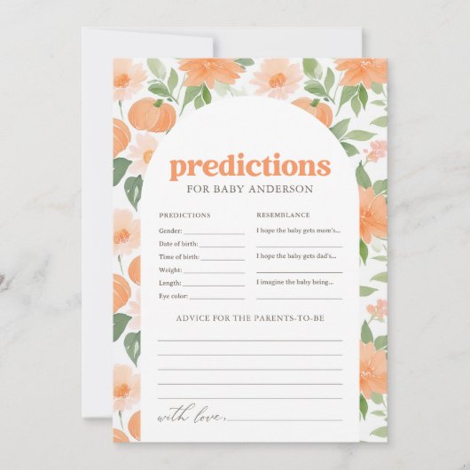 フローラカボチャ赤ちゃんシャワー予測とアドバイス 招待状 (正面)