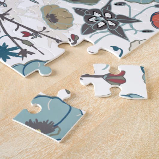 フローラカラフルめでたい青オレンジ色の花模様 ジグソーパズル (側面)