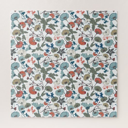 フローラカラフルめでたい青オレンジ色の花模様 ジグソーパズル (縦)