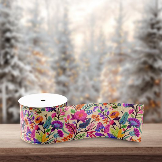 フローラカラフルイラストレーション花プリント模様 サテンリボン