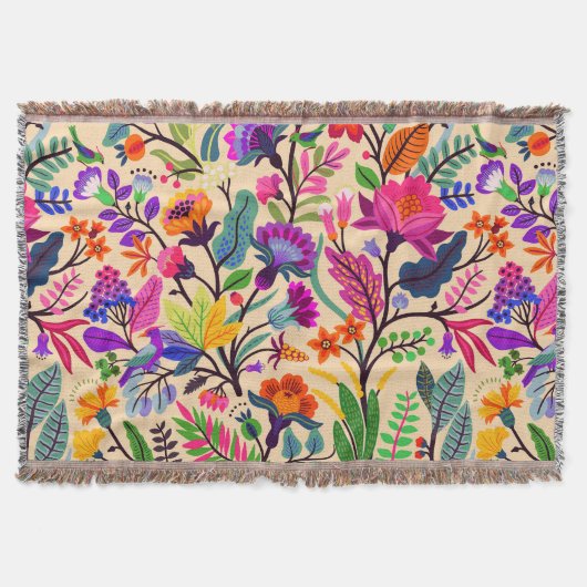 フローラカラフルイラストレーション花プリント模様 スローブランケット (正面)