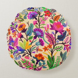 フローラカラフルイラストレーション花プリント模様 ラウンドクッション