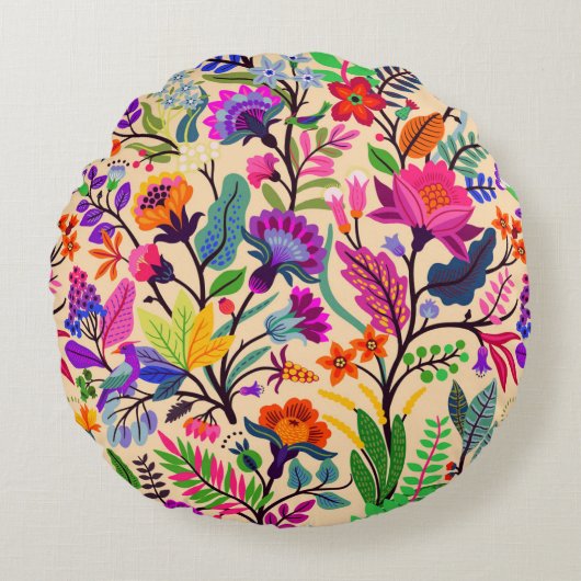 フローラカラフルイラストレーション花プリント模様 ラウンドクッション (正面)