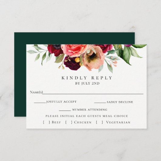フローラカラフルウェディングRSVPと食事の選択カード 出欠カード (正面/裏面)