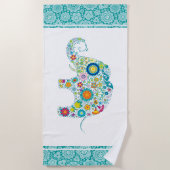 フローラカラフルエレファントオンホワイト&ターコイズ ビーチタオル (正面)