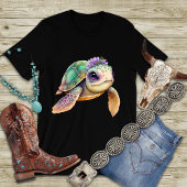 フローラカラフルクラウン付き漫画の亀 Tシャツ