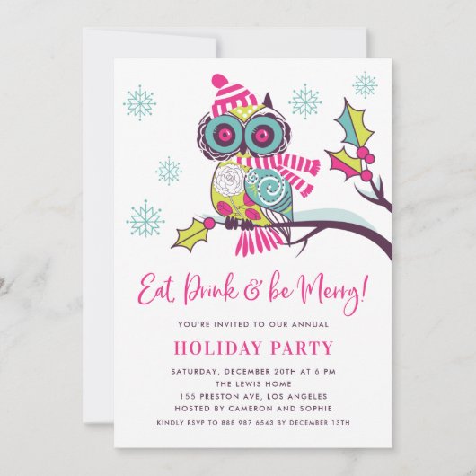フローラカラフルクリスマスフクロウホリデーパーティー 招待状 (正面)