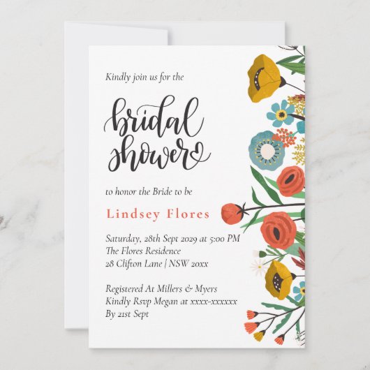 フローラカラフルグリーンリー水彩ブライダルシャワー 招待状 (正面)