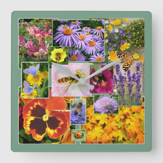 フローラカラフルコラージュ スクエア壁時計 (正面)