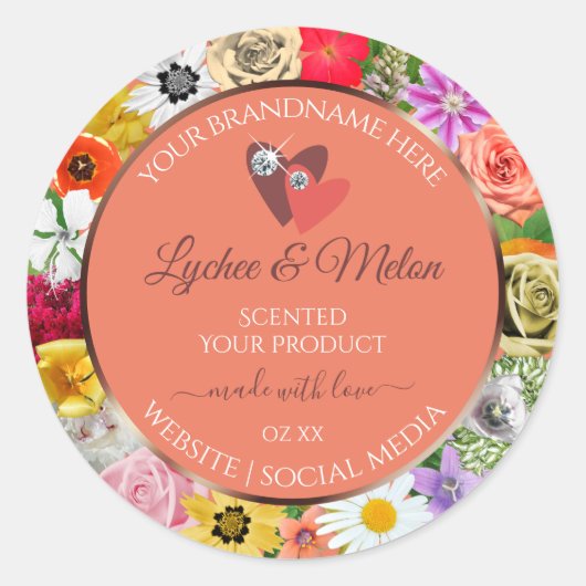 フローラカラフルサーモン製品ラベルとハート ラウンドシール (正面)