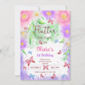 フローラカラフルバタフライ誕生日招待状 招待状 (正面)