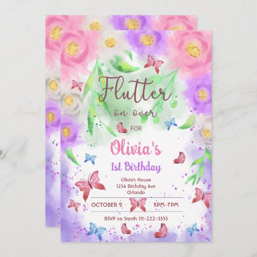 フローラカラフルバタフライ誕生日招待状 招待状 (正面/裏面)