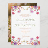 フローラカラフルピンクパープルオレンジイエローグリーン 招待状 (正面/裏面)
