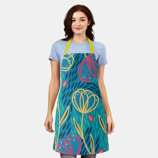 フローラカラフルピンクミントブルーイエローガーデナー エプロン (着用した状態)